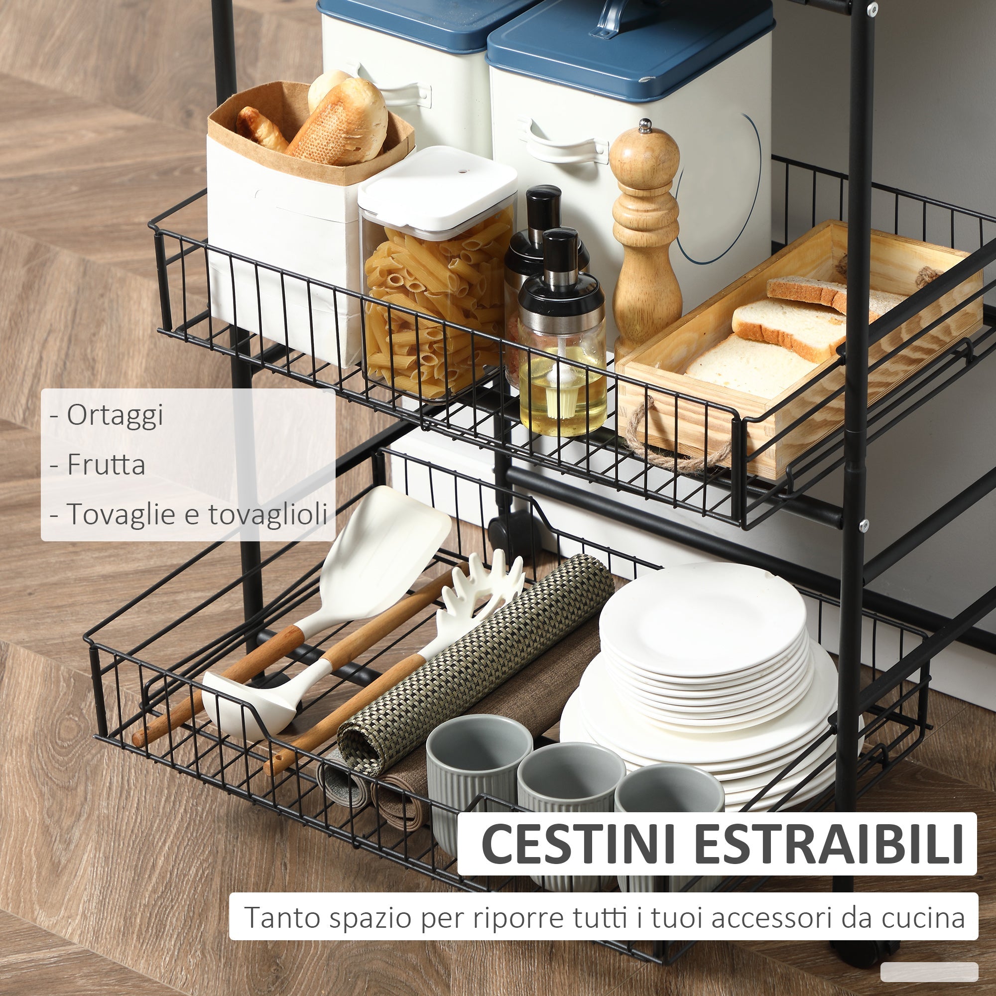 Carrello da Cucina 60x38x85,5 cm in Legno e Metallo Nero