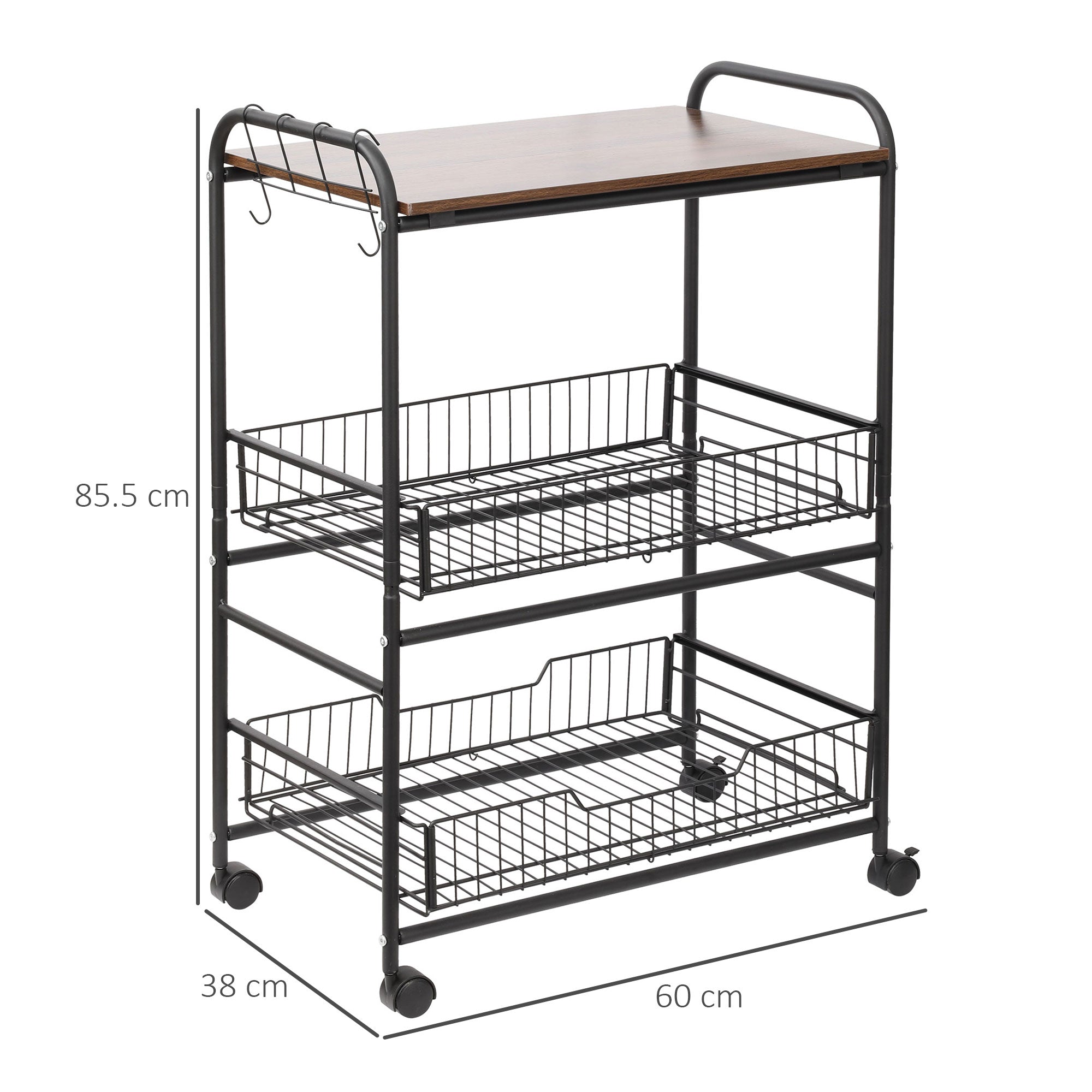 Easycomfort Carrello da Cucina Portavivande Stile Industriale con 4 Ruote, 2 Cestini e 4 Ganci, 60x38x85.5cm, Marrone Nero