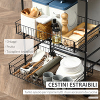 Easycomfort Carrello da Cucina Portavivande Stile Industriale con 4 Ruote, 2 Cestini e 4 Ganci, 60x38x85.5cm, Marrone Nero