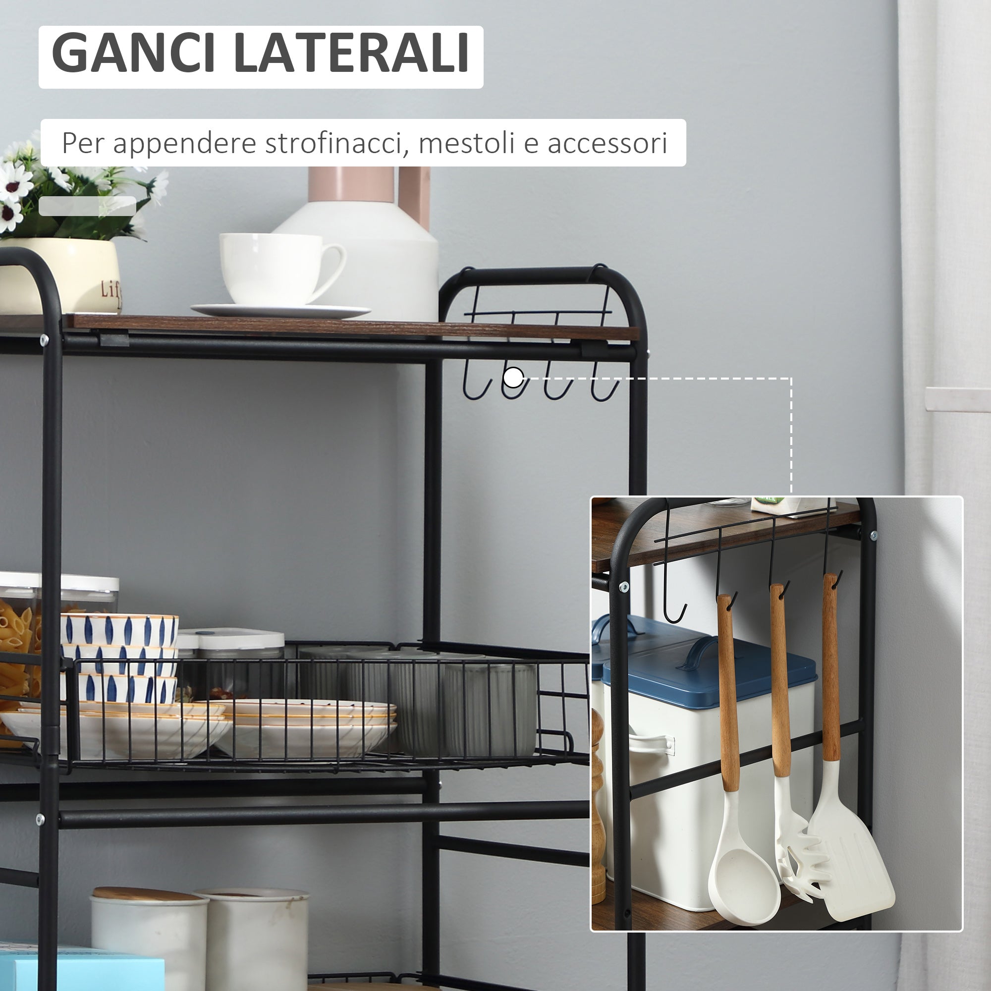 Easycomfort Carrello da Cucina Portavivande Stile Industriale con 4 Ruote, 2 Cestini e 4 Ganci, 60x38x85.5cm, Marrone Nero