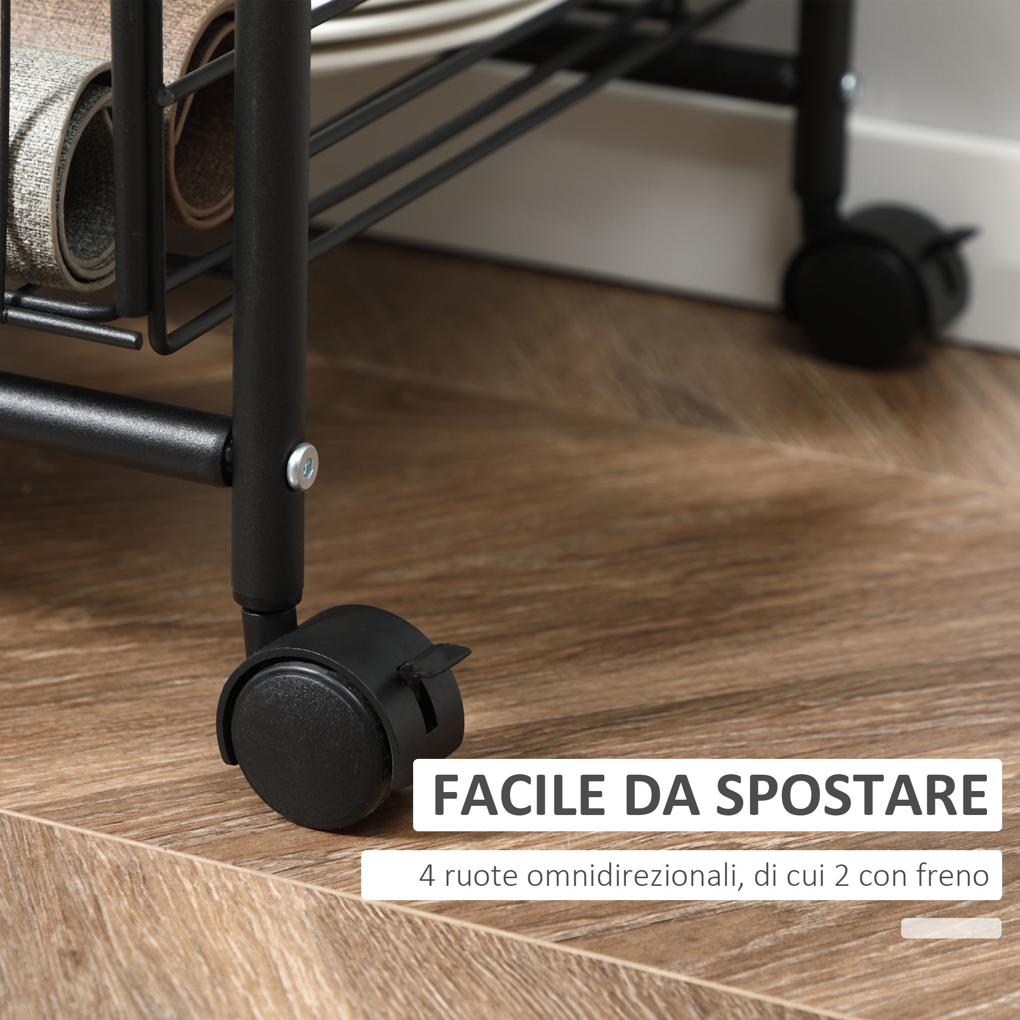 Easycomfort Carrello da Cucina Portavivande Stile Industriale con 4 Ruote, 2 Cestini e 4 Ganci, 60x38x85.5cm, Marrone Nero