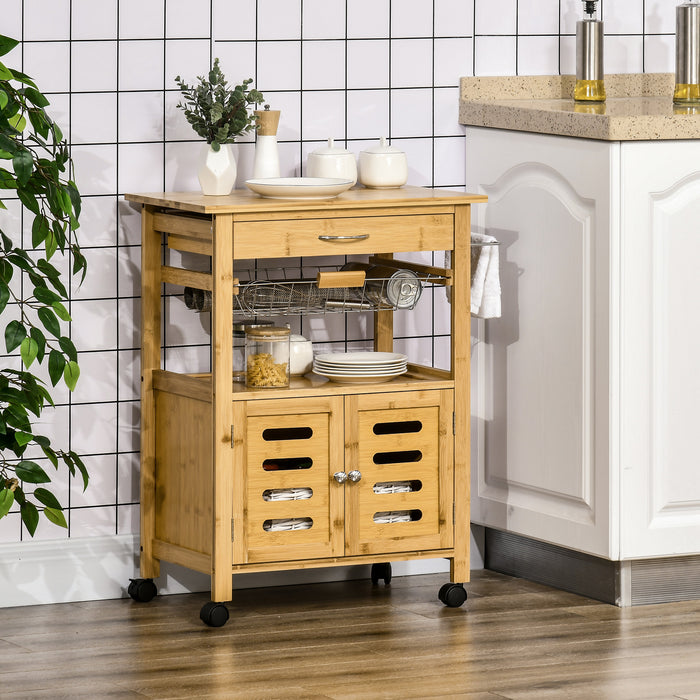 EASYCOMFORT  Carrello da Cucina con Cassetto, Armadietto e Cestino Estraibile in Legno con Ruote Girevoli, 66x36x79cm