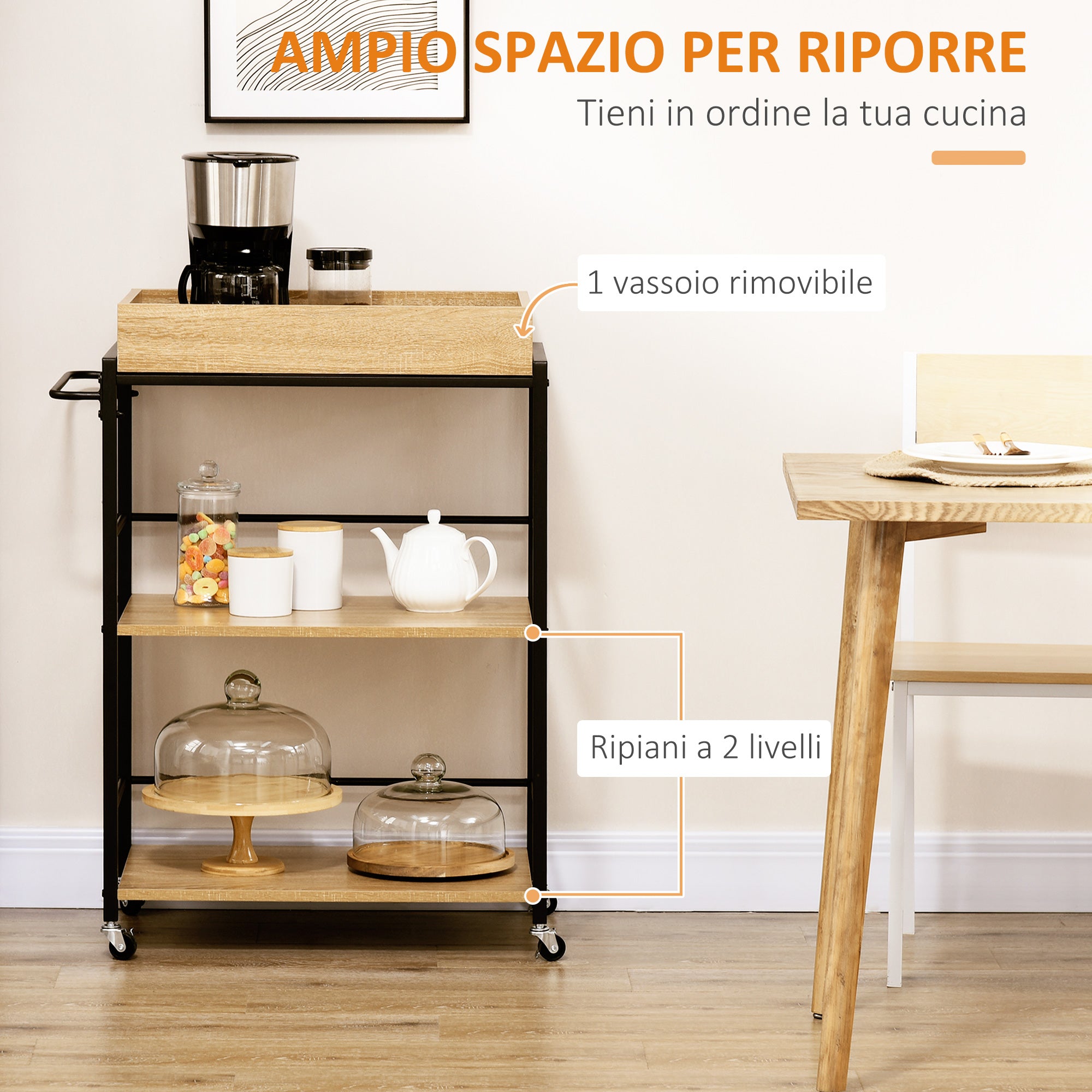 EasyComfort Carrello da Cucina a 3 Ripiani con Vassoio Rimovibile e Ruote Girevoli, 72x40x94cm, Legno e Nero