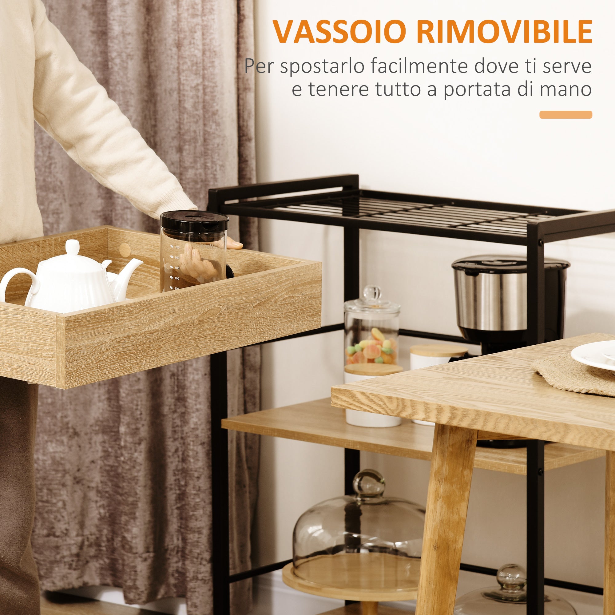 EasyComfort Carrello da Cucina a 3 Ripiani con Vassoio Rimovibile e Ruote Girevoli, 72x40x94cm, Legno e Nero