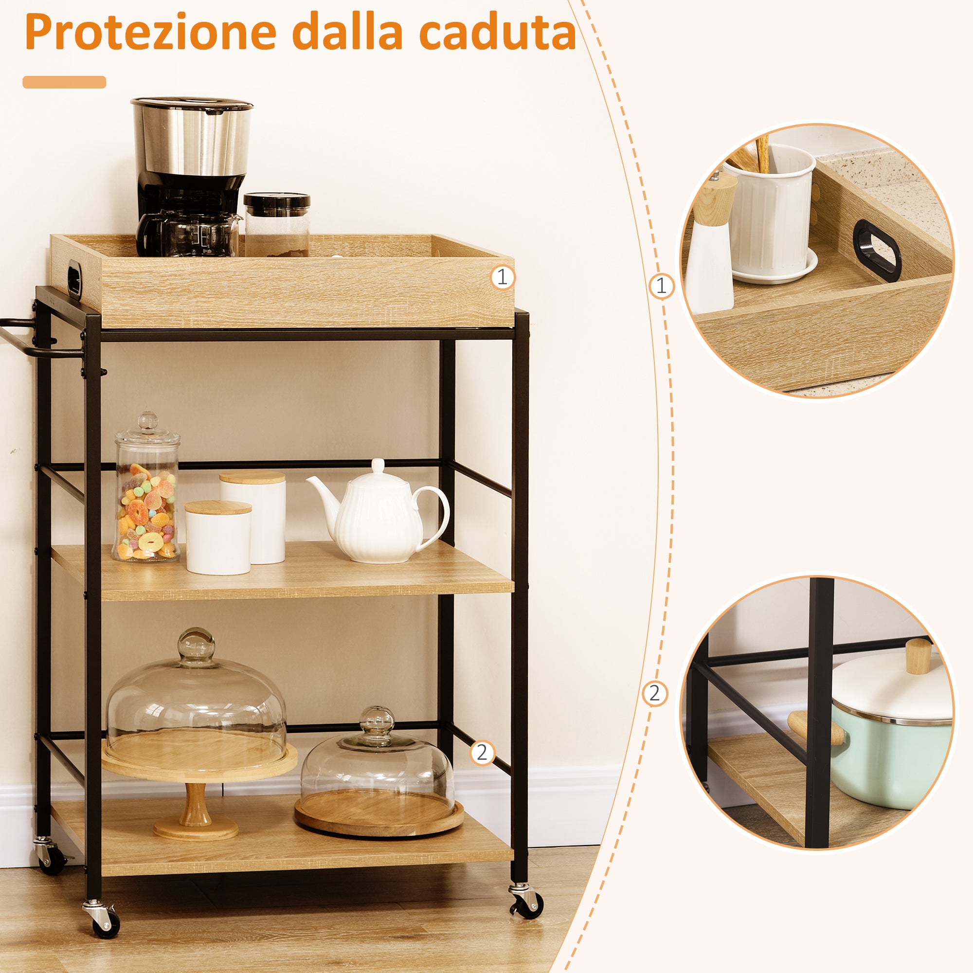 EasyComfort Carrello da Cucina a 3 Ripiani con Vassoio Rimovibile e Ruote Girevoli, 72x40x94cm, Legno e Nero