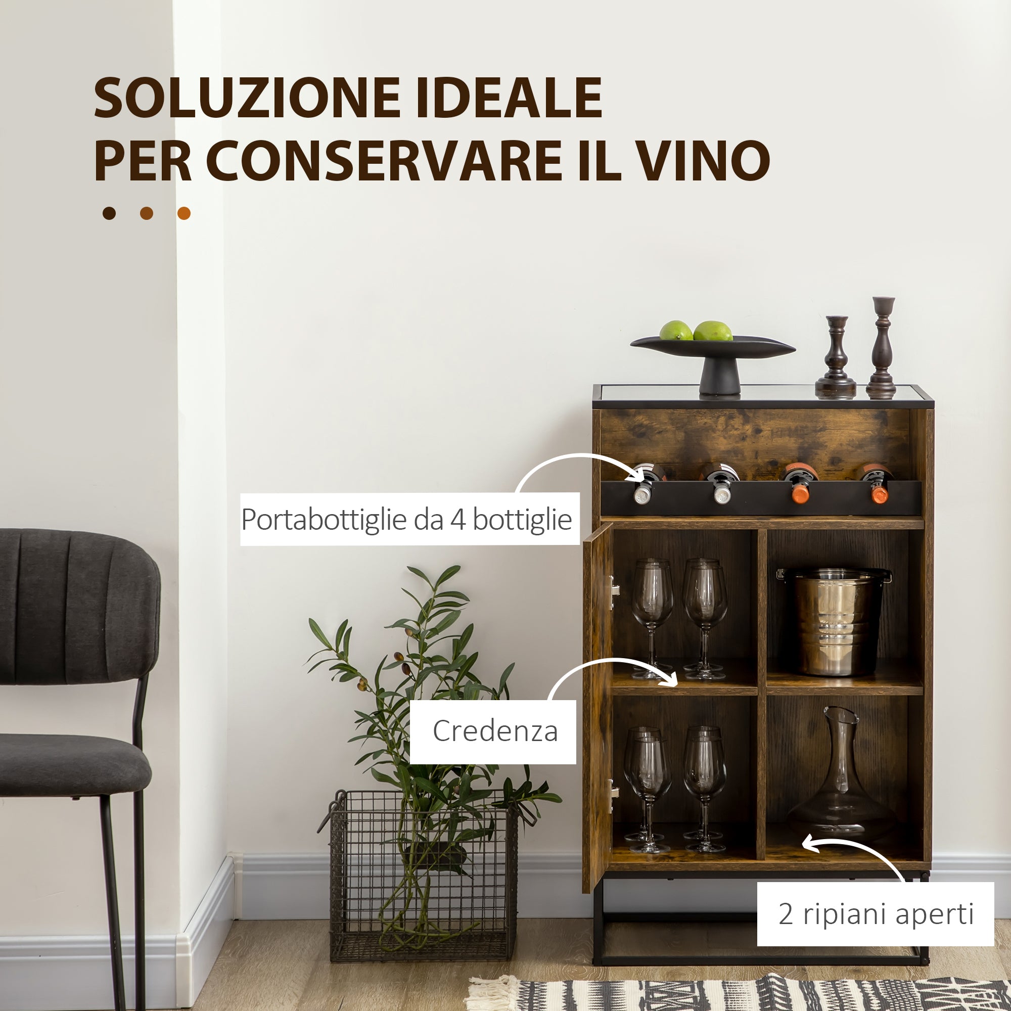 EASYCOMFORT  Mobile Multiuso con Portabottiglie, Vani Aperti e Armadietto Stile Industriale, 60x40x100cm, Marrone