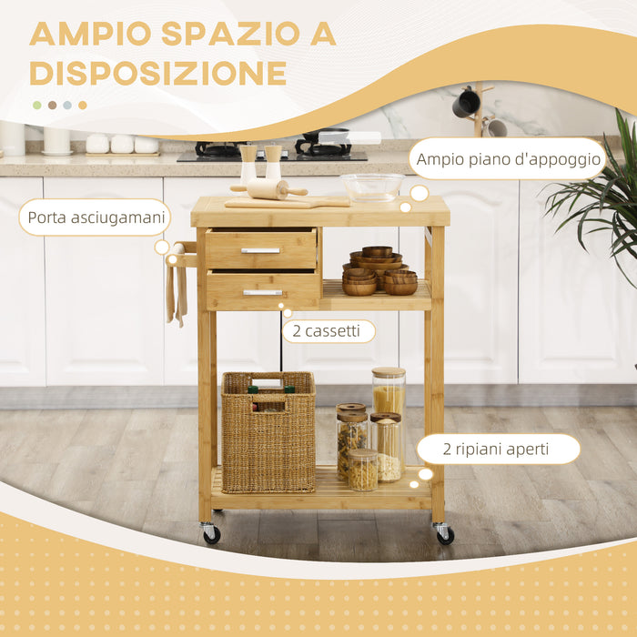 EasyComfort Carrello da Cucina in Bambù con Portasciugamani, 2 Cassetti e 2 Ripiani Aperti, 83x45x96 cm