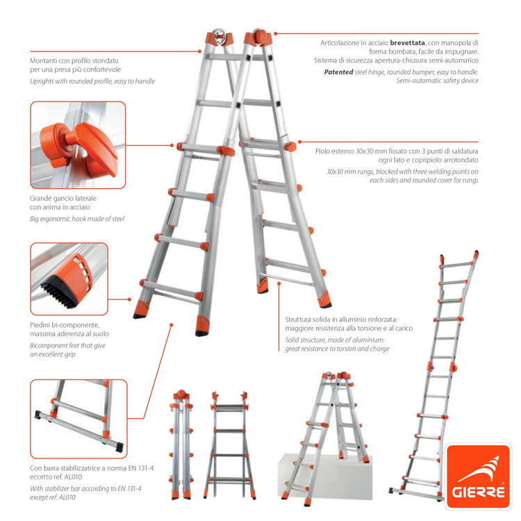 Scala alluminio telescopica multifunzione gradini 4+4 150kg Peppina AL020 115-378cm - BARRA STABILIZZATRICE IN OMAGGIO