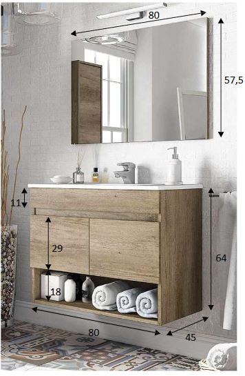 Composizione mobile bagno sospeso legno completo di Lavabo in ceramica e specchio Cotton Clint