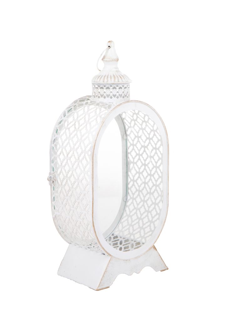 Lampada Lanterna Decorativa Ovale 41 cm in Metallo e Vetro Bianco e Oro