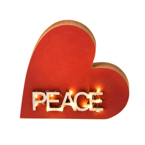 Cuore Decorativo con Scritta Peace Led 17 cm in Legno e Metallo Rosso