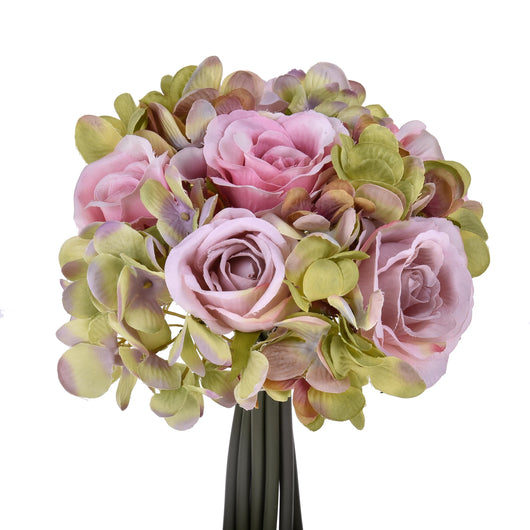 Set 3 Bouquet Artificiali Composto da 11 Fiori di Rose e Ortensie Altezza 20 cm Rosa