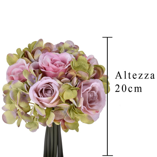 Set 3 Bouquet Artificiali Composto da 11 Fiori di Rose e Ortensie Altezza 20 cm Rosa