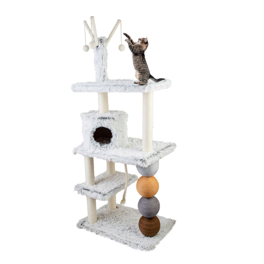 Tiragraffi ad Albero Castello per Gatti Alto 100cm con Lettino , Pali e Palle Colorate in Sisal 8024299800235