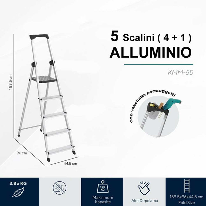 Scala Super Piuma in Alluminio 5Gradini Scaletto Robusto e Leggero Max150Kg