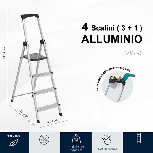 Scala Super Piuma in Alluminio 4Gradini Scaletto Robusto e Leggero Max150Kg