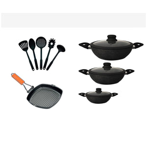 Set Batteria 12 Pz Nera Con 3 Tegami Bistecchiera E Utensili Da Cucina