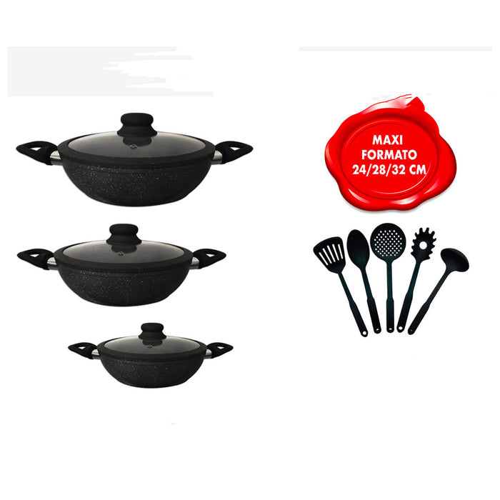 Set Batteria 11 Pz Nera Con 3 Tegami  E Utensili Da Cucina Maxi Formato