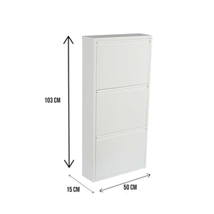 Scarpiera Alginet, Portascarpe con ante a ribalta da ingresso in metallo, Scarpiera moderna lineare di color bianco, Cm 50x15h103, a 3 Ante