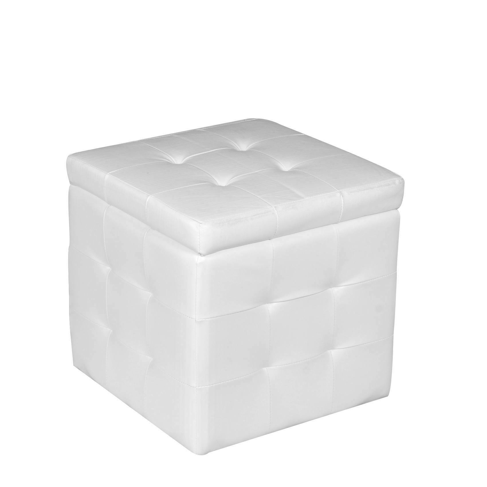 Pouf contenitore Adeje, Pouf portaoggetiti in ecopelle effetto trapuntato, Pouf poggiapiedi moderno per soggiorno, Cm 45x45h47, Bianco