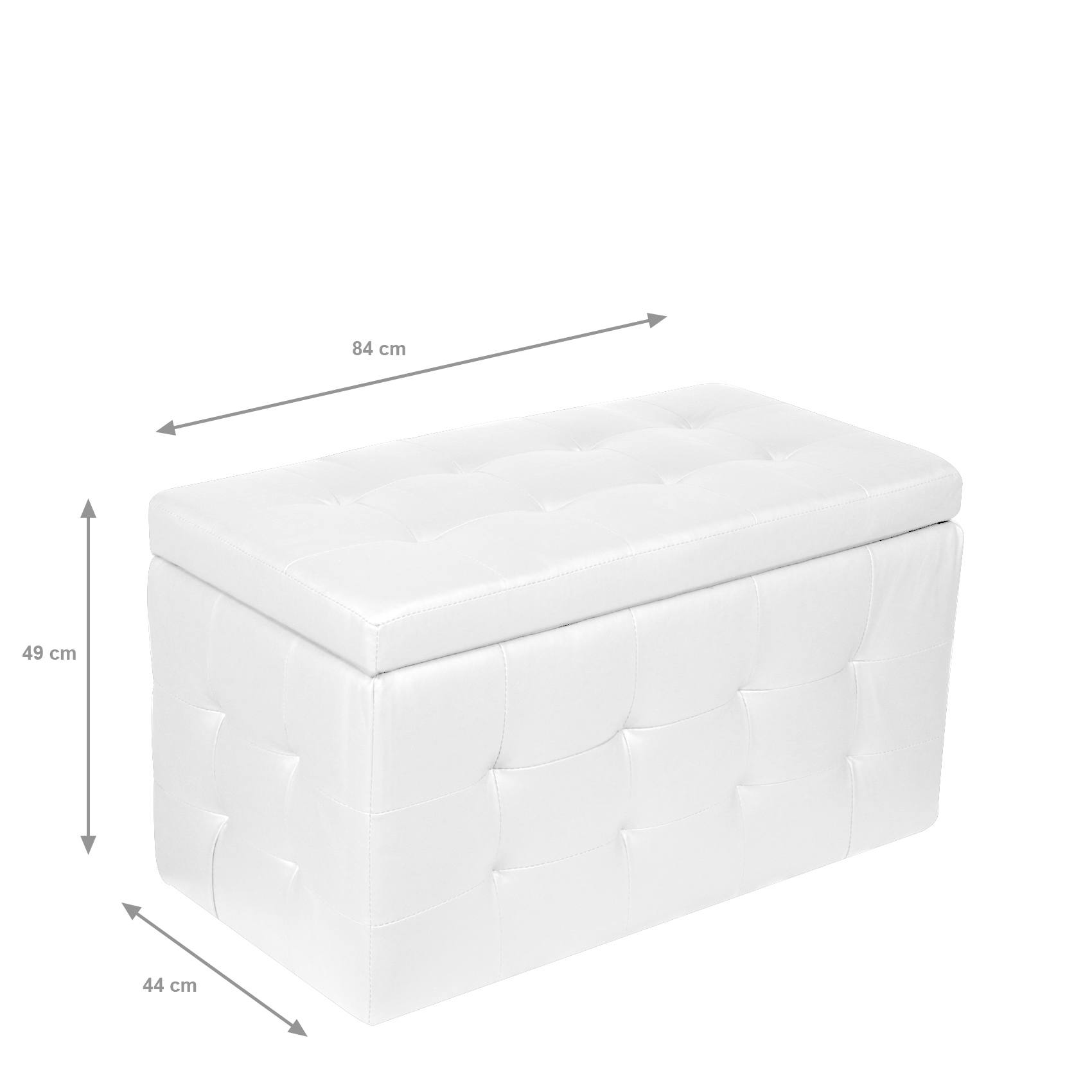 Pouf contenitore Argentona, Panca portaoggetiti in ecopelle effetto trapuntata, Pouf poggiapiedi moderno per soggiorno, Cm 84x44h49, Bianco