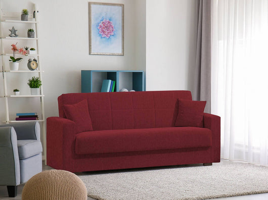 Divano letto Pinto, Divano letto contenitore lineare a 3 posti, Sofà da soggiorno in tessuto imbottito con apertura click-clack, Cm 212x80h87, Rosso