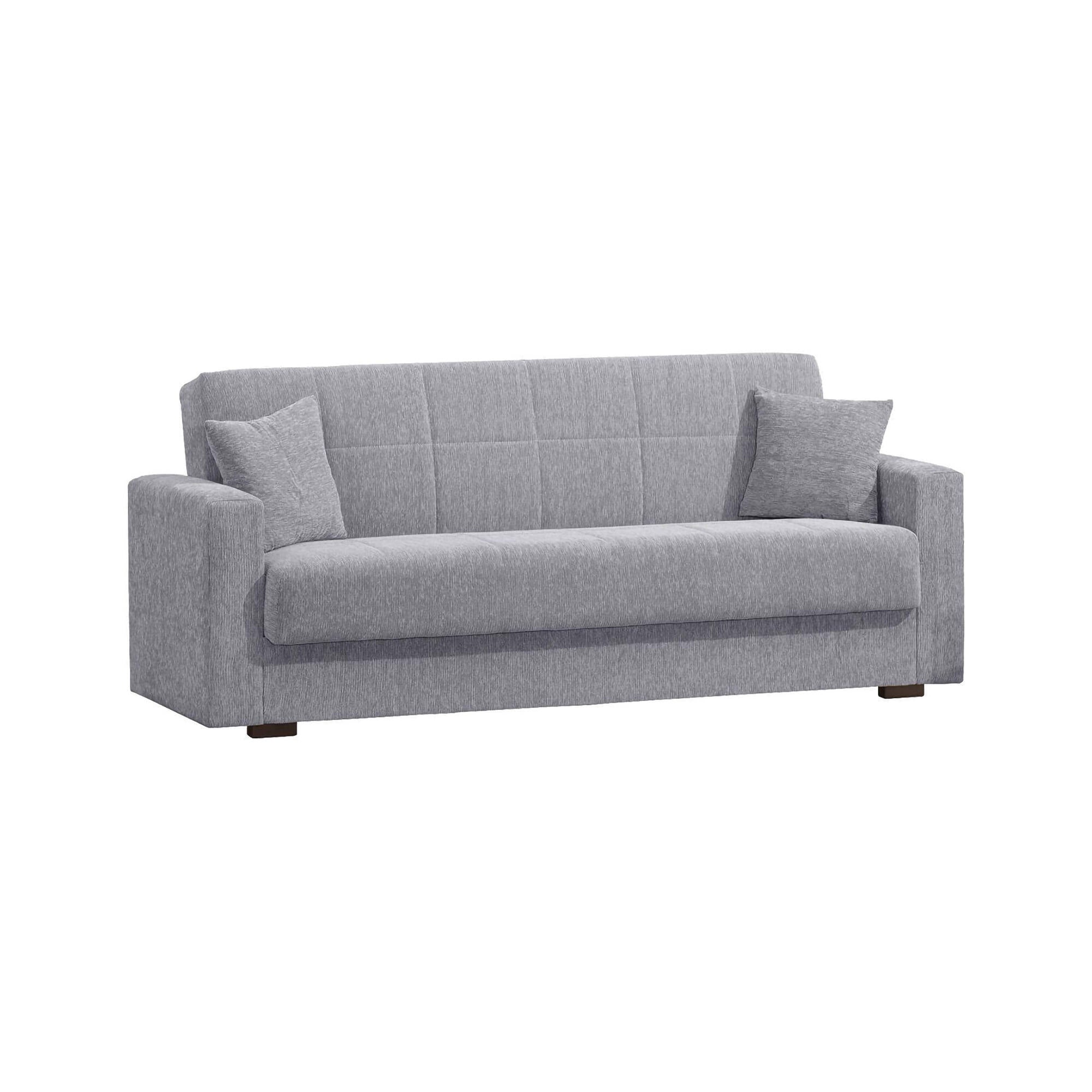 Divano letto Pinto, Divano letto contenitore lineare a 3 posti, Sofà da soggiorno in tessuto imbottito con apertura click-clack, Cm 212x80h87, Grigio