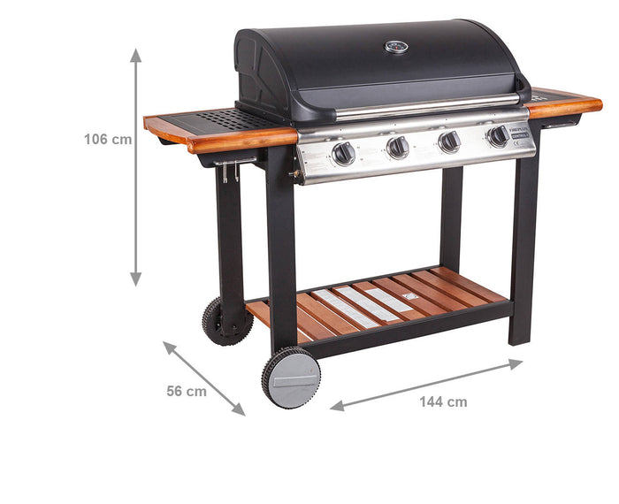 Barbecue a gas 4 bruciatori, in metallo e ripiani in legno, cm144 x 56 x h106