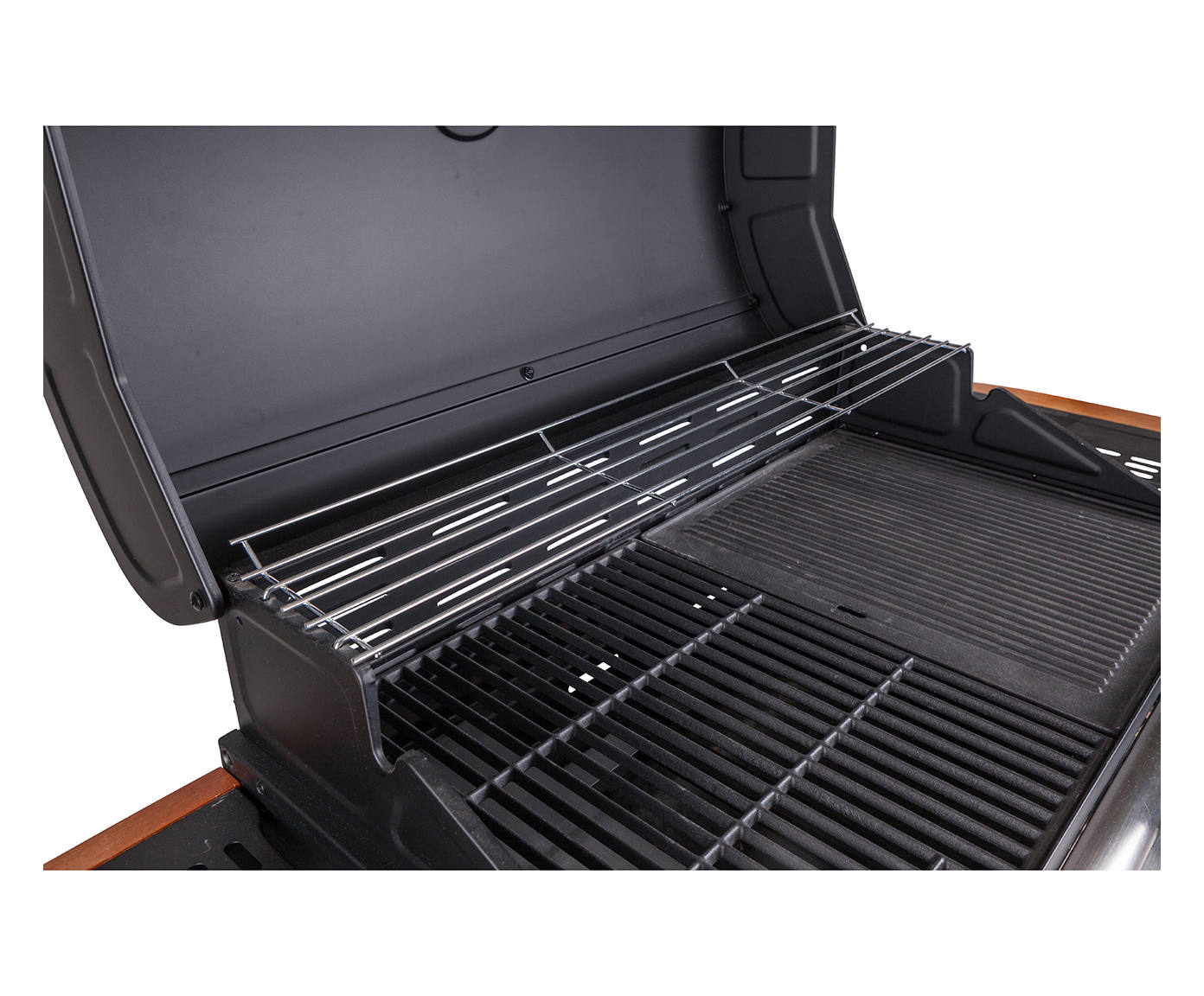 Barbecue a gas 4 bruciatori, in metallo e ripiani in legno, cm144 x 56 x h106