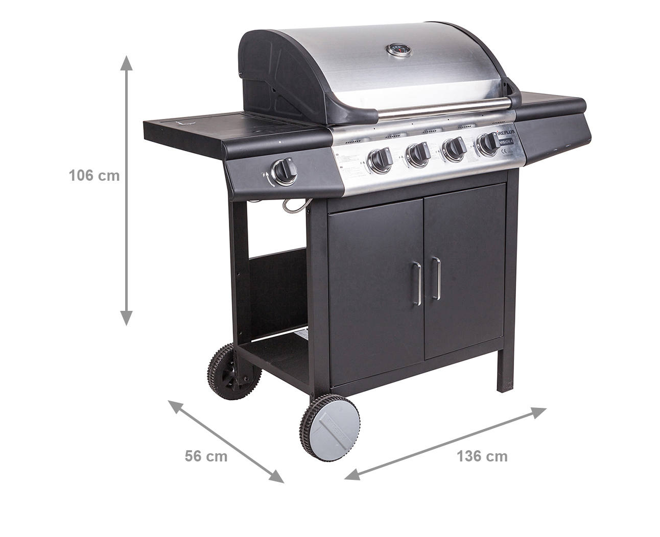 Barbecue a gas 4 bruciatori +1 in acciaio inox, colore nero, cm 136 x 56 x h106