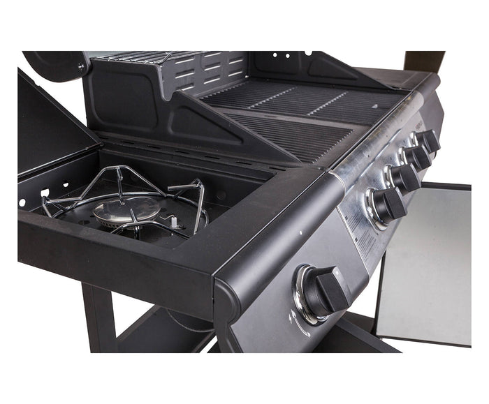 Barbecue a gas 4 bruciatori +1 in acciaio inox, colore nero, cm 136 x 56 x h106