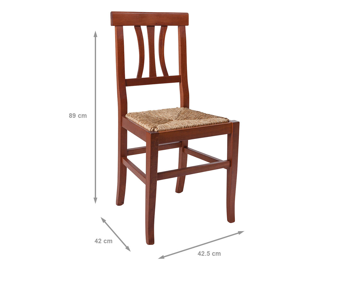 Set di 2 Sedie da soggiorno o cucina, stile country, struttura in legno con fondello in paglia, cm 42.5x42h89, colore Noce