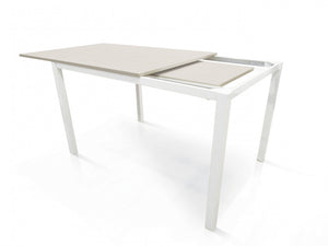 Tavolo allungabile Aguimes, Tavolo da pranzo estensibile, Consolle multiuso con allunghe, Tavolo in metallo con ripiano in laminato, Cm 110x70h76, Bianco frassinato