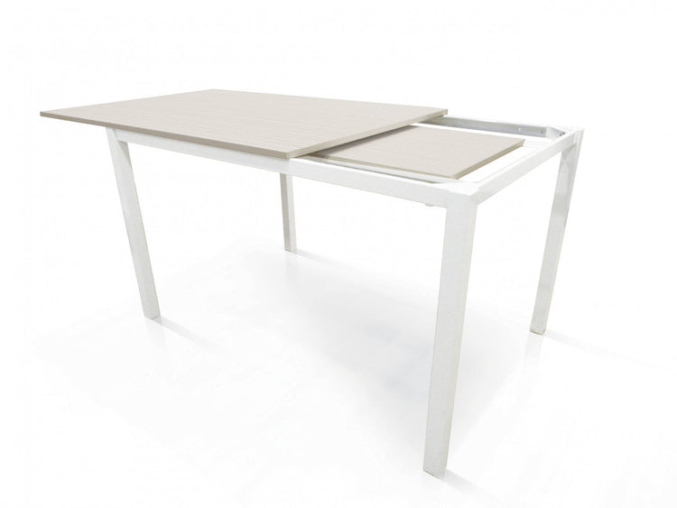 Tavolo allungabile Aguimes, Tavolo da pranzo estensibile, Consolle multiuso con allunghe, Tavolo in metallo con ripiano in laminato, Cm 110x70h76, Bianco frassinato