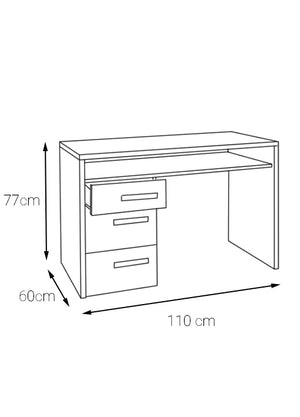 Scrivania con cassettiera a tre cassetti ed un ripiano, colore cemento e bianco, cm 110 x 77 x 60