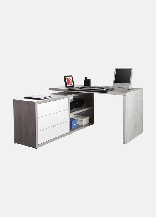 Scrivania Arroyodela, Scrittoio angolare con cassetti e vani a giorno, Tavolo da studio o ufficio porta PC portalibri, Cm 140x150h74, Bianco Lucido e Cemento