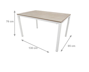 Tavolo allungabile Alacuas, Tavolo da pranzo estensibile, Consolle multiuso con allunghe, Tavolo in metallo con ripiano in laminato, Cm 130x85h76, Bianco e Olmo