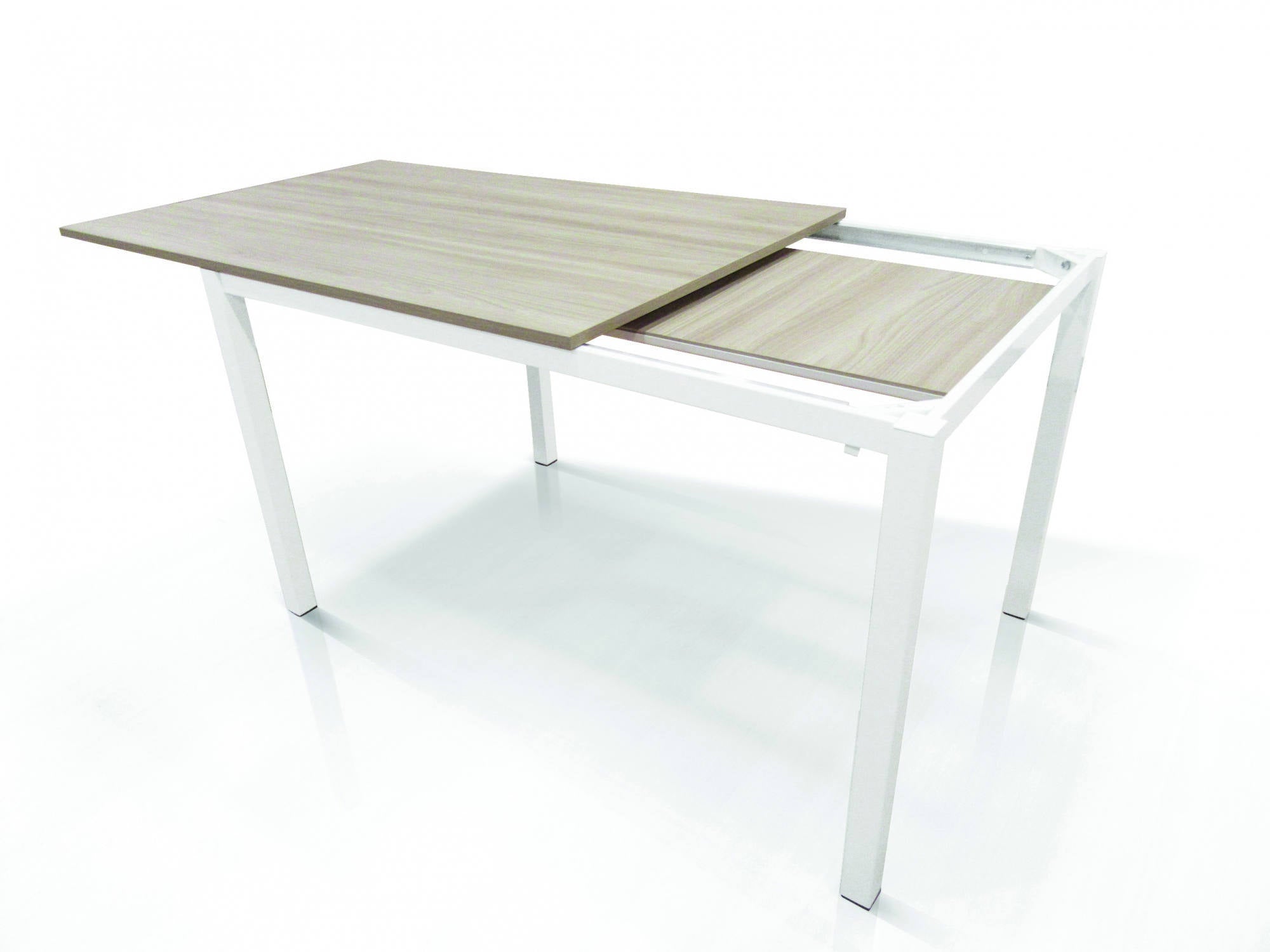 Tavolo allungabile Alacuas, Tavolo da pranzo estensibile, Consolle multiuso con allunghe, Tavolo in metallo con ripiano in laminato, Cm 130x85h76, Bianco e Olmo