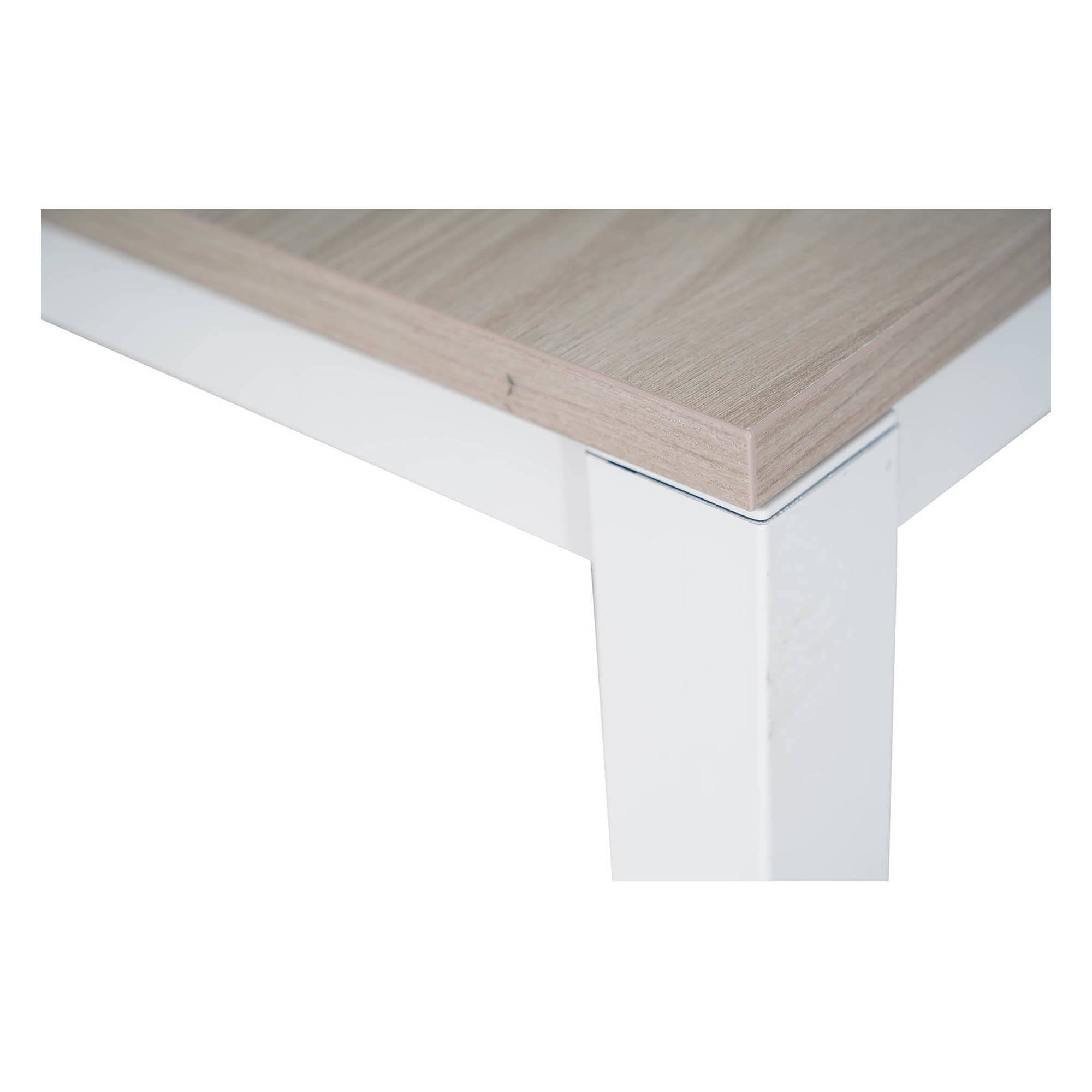 Tavolo allungabile Alacuas, Tavolo da pranzo estensibile, Consolle multiuso con allunghe, Tavolo in metallo con ripiano in laminato, Cm 130x85h76, Bianco e Olmo