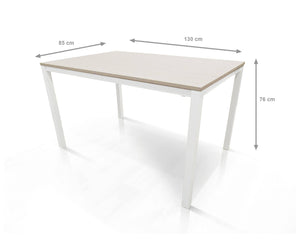 Tavolo allungabile Alacuas, Tavolo da pranzo estensibile, Consolle multiuso con allunghe, Tavolo in metallo con ripiano in laminato, Cm 130x85h76, Bianco