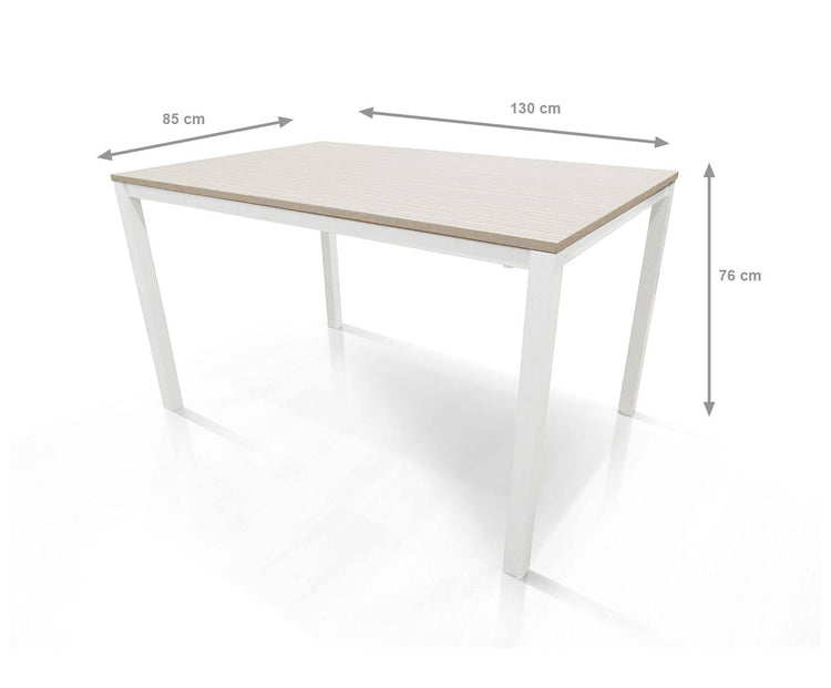 Tavolo allungabile Alacuas, Tavolo da pranzo estensibile, Consolle multiuso con allunghe, Tavolo in metallo con ripiano in laminato, Cm 130x85h76, Bianco