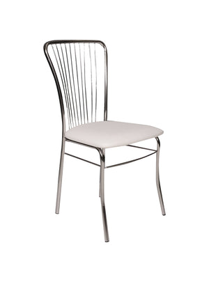 Sedia Castellod, Sedia moderna con fondello in ecopelle, struttura in metallo cromato, Ideale per sala da pranzo, cucina o salotto, Cm 54x45h95, Bianco