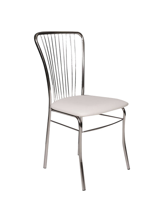 Sedia Castellod, Sedia moderna con fondello in ecopelle, struttura in metallo cromato, Ideale per sala da pranzo, cucina o salotto, Cm 54x45h95, Bianco