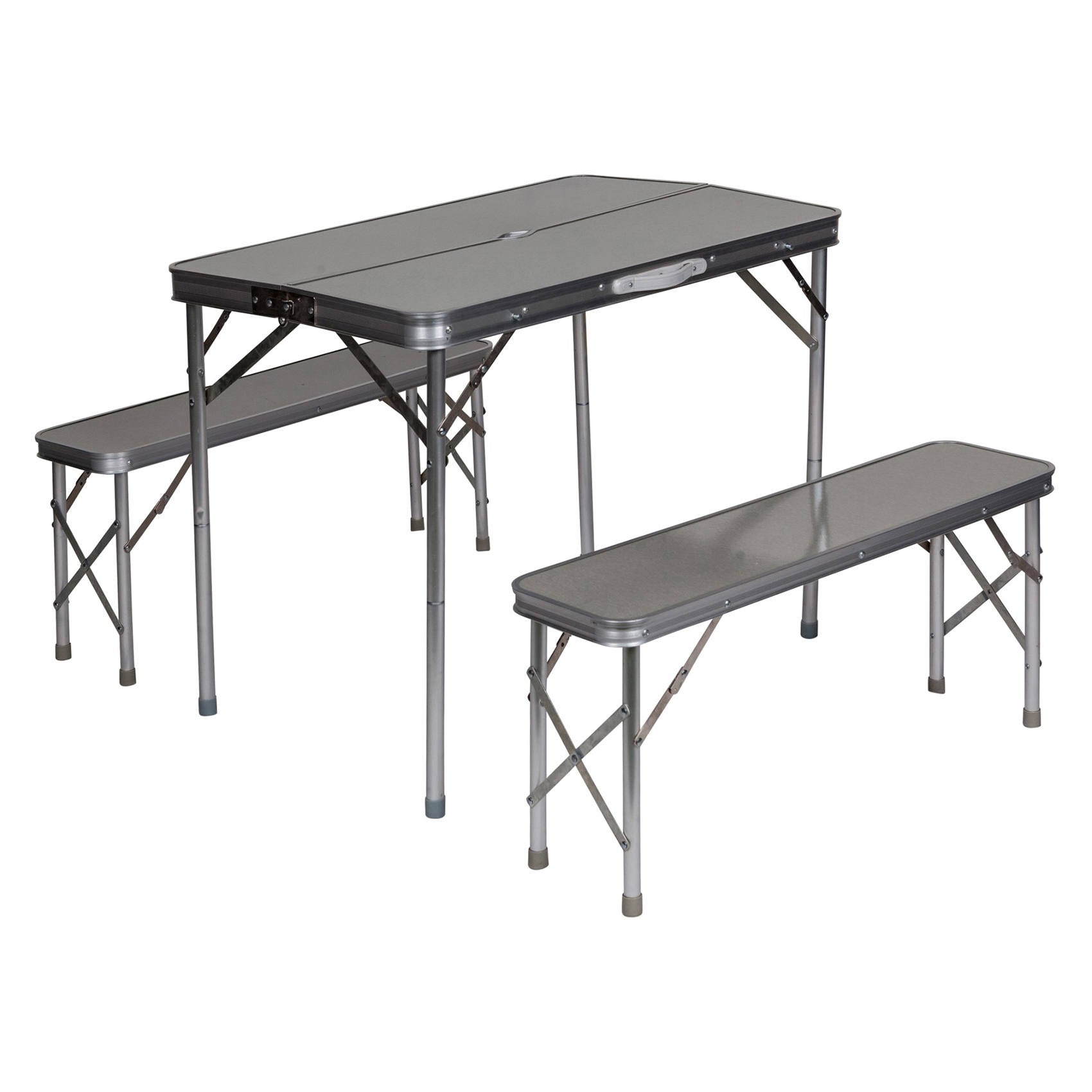 Set da campeggio e picnic richiudibile, struttura alluminio e plastica, colore grigio, Misure tavolo 60 x 71 x 90 cm, Misure panchine 87 x 38 x 23 cm