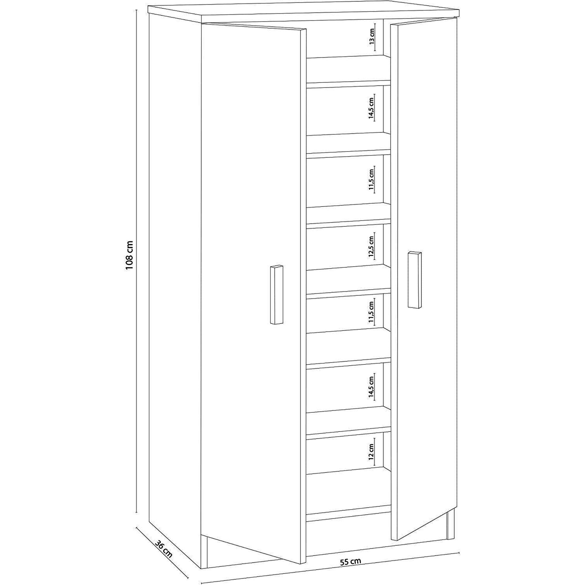 Scarpiera Alcudia, Armadietto multifunzione, Mobiletto portaoggetti con scaffali, Scarpiera a due anti e 6 ripiani, Cm 55x39h108, Bianco