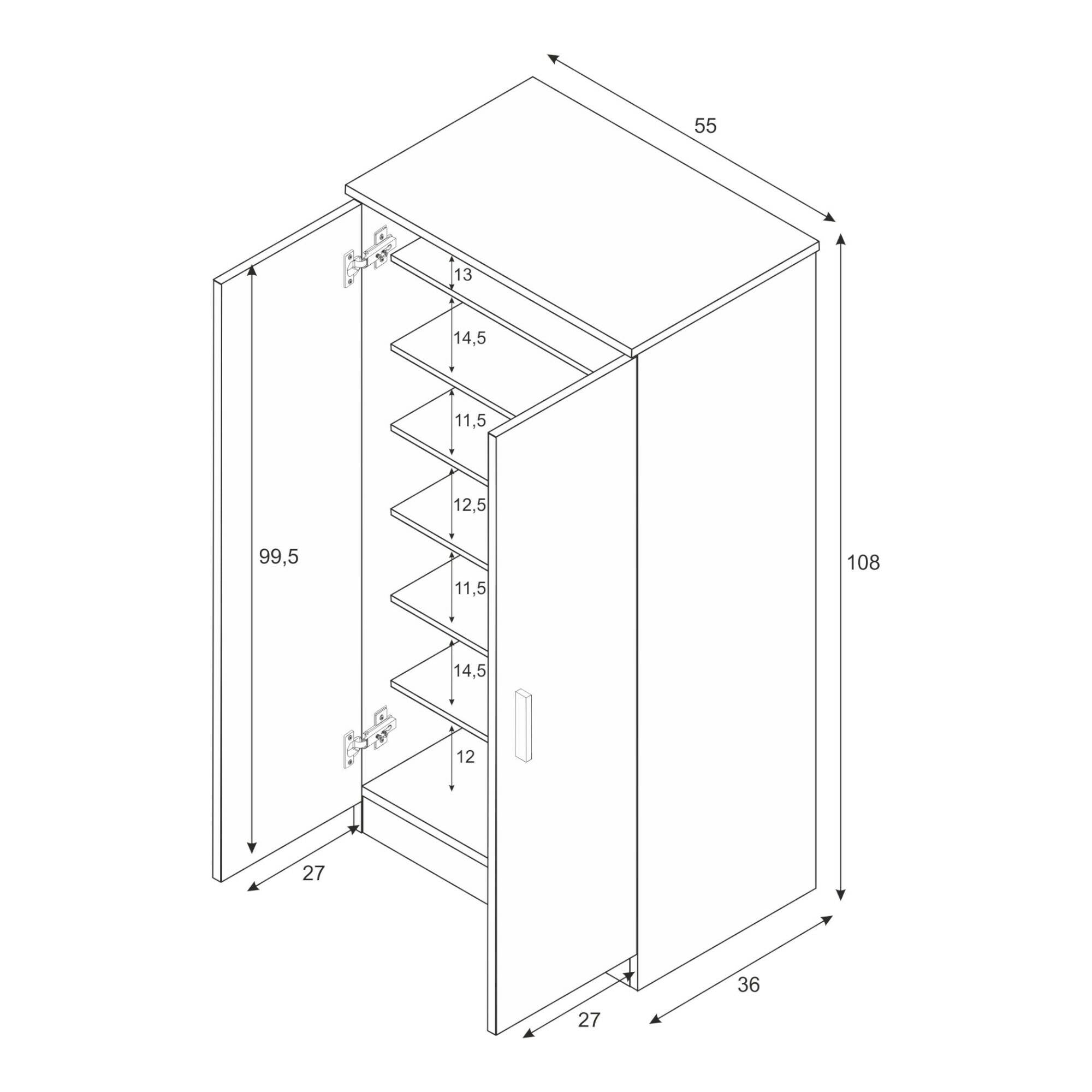 Armadio multiuso Corona, Mobile ausiliario a 2 ante, Mobile basso portascarpe con 6 ripiani, Scarpiera moderna, cm 55x36h108, Bianco