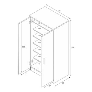 Armadio multiuso Corona, Mobile ausiliario a 2 ante, Mobile basso portascarpe con 6 ripiani, Scarpiera moderna, cm 55x36h108, Bianco