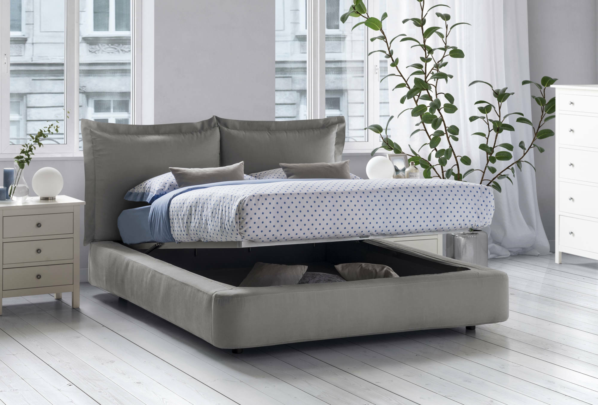 Letto matrimoniale Cornelia, Letto contenitore con rivestimento in tessuto, Made in Italy, Apertura frontale, adatto per materasso 160x190 cm, Grigio