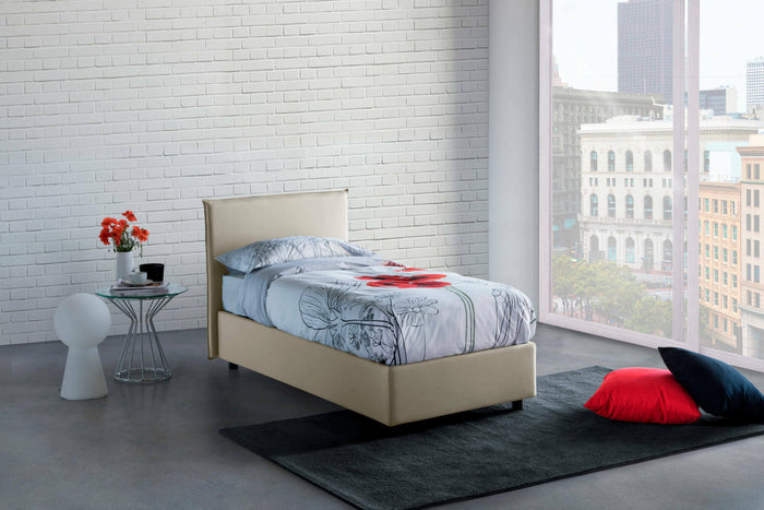 Letto singolo Bruna, Letto contenitore con rivestimento in tessuto, Made in Italy, Apertura frontale, adatto per materasso cm 80x190, Beige