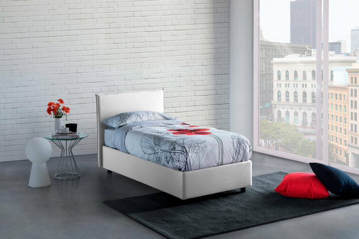 Letto singolo Bruna, Letto contenitore con rivestimento in tessuto, Made in Italy, Apertura frontale, adatto per materasso cm 80x190, Bianco